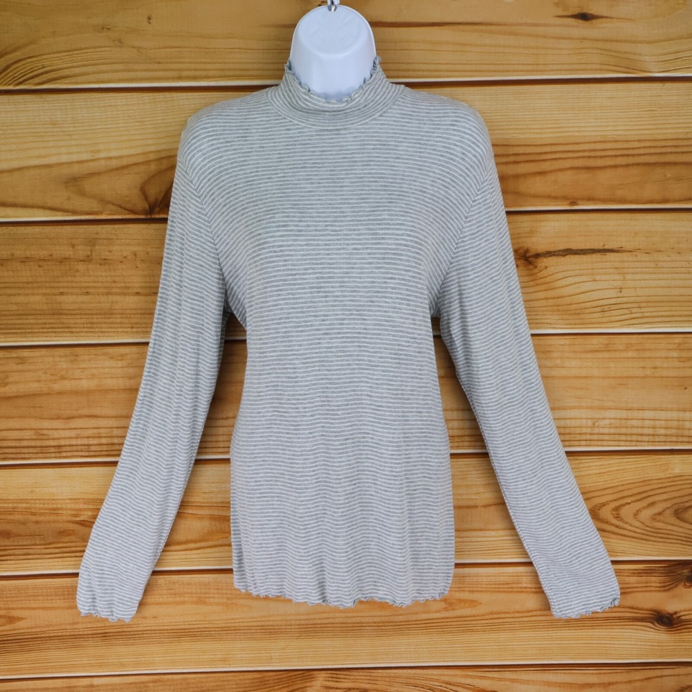 Gap Long Sleeve Shirt Womens Size XL Gray White Striped Mock‎ Neck Soft Stretch